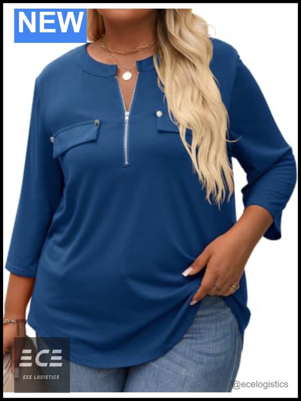 Plus Size 3/4 Sleeve V Neck Tunic Blouse with Pockets